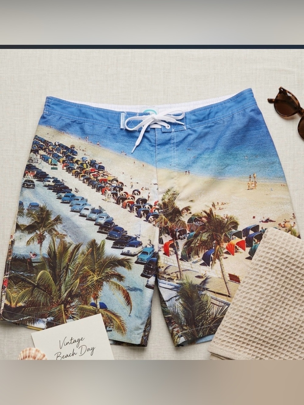 Teal Cove Beach and Vintage Scene Swim Trunks Board Shorts